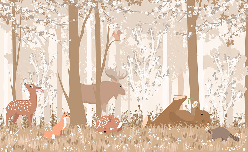 Forest Cute Pet Wallpaper Mural | Woodland Nursery Decor | Children's Bedroom Nature Theme