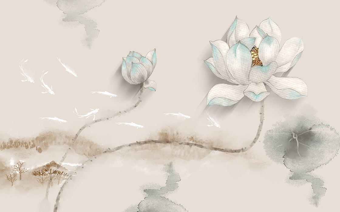 New Chinese ink lotus wallpaper | Light colored lotus flowers+swimming fish landscape