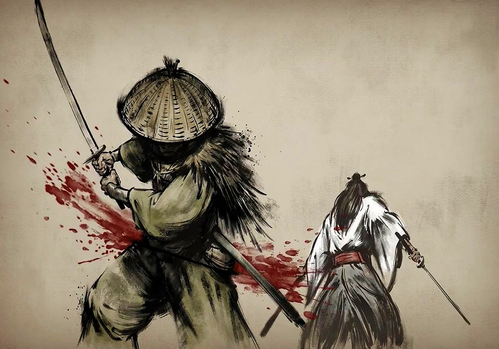 Ink wash martial arts style wallpaper mural | Ink splashed swordsman, blood red sword aura