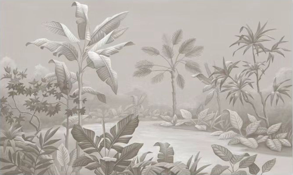 Grey Rainforest Wallpaper: Tranquil Luxury Branches and Leaves Wrapped in Mist