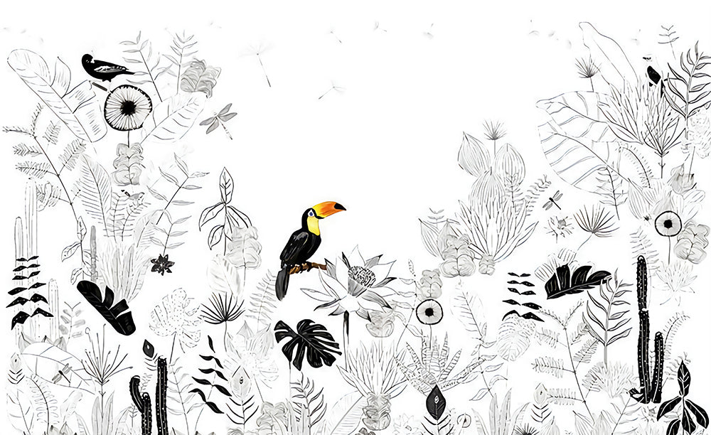Black and white jungle hand-painted wallpaper | toucan themed mural