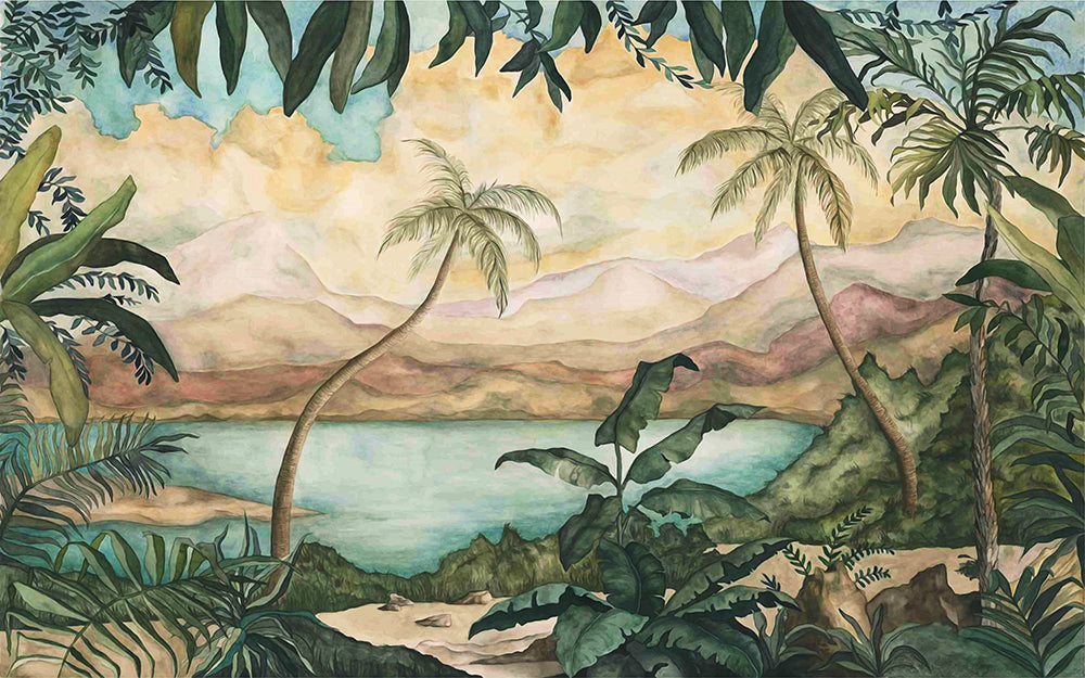 Hand drawn tropical landscape wallpaper mural | Vacation style decorative wall