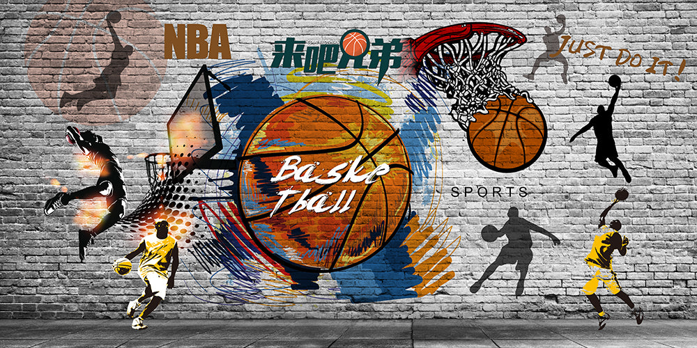 Urban Basketball Graffiti Wallpaper – Industrial Sports Decor for Living Room & Bedroom