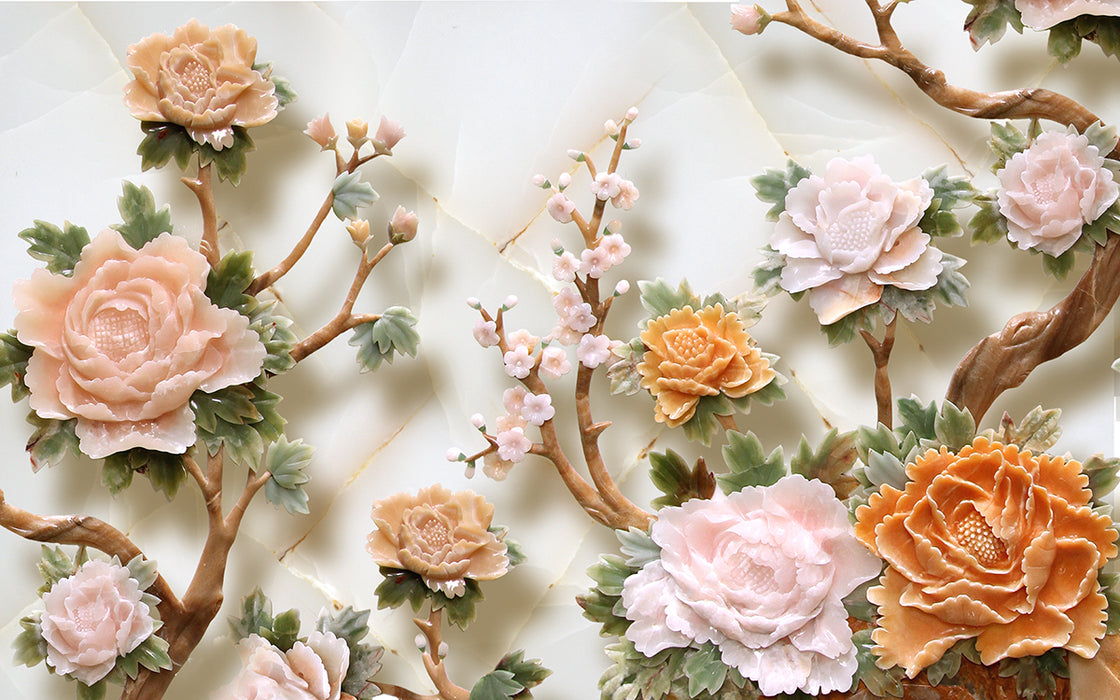 Jade carved peony wallpaper mural | Luxury villa decoration