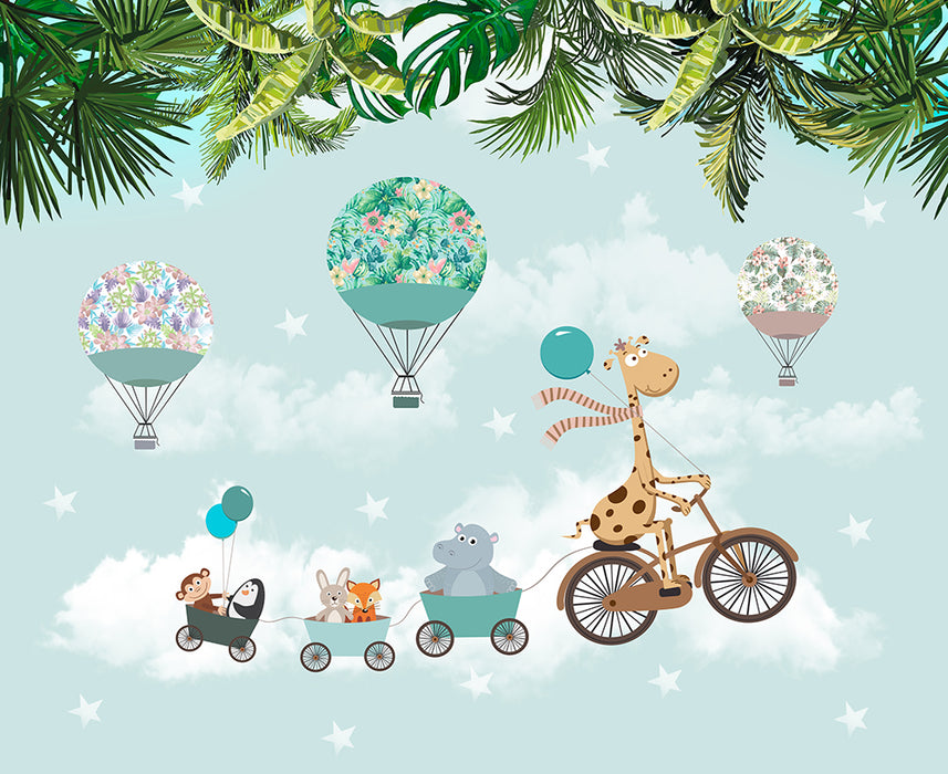 Jungle Animal Hot Air Balloon Children's Fun Wallpaper | Children's Room Bedroom Decoration Painting