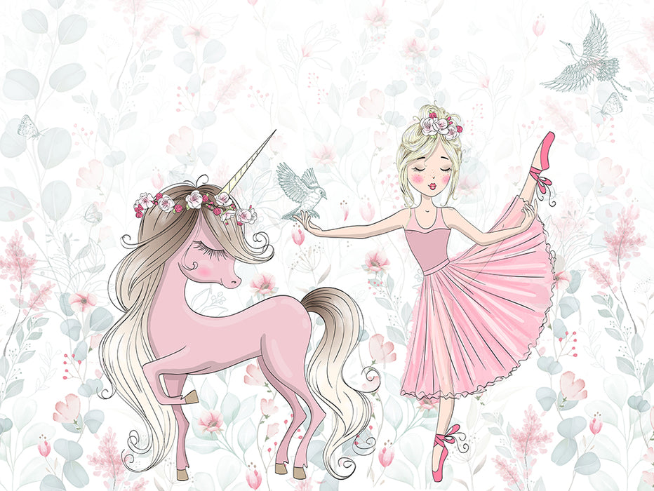 Unicorn Ballet Girl Wallpaper Mural | Princess Style Nursery Decor | Dreamy Kids Room Wall Design