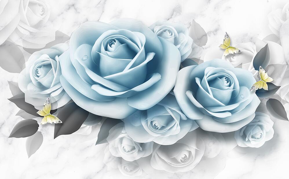 Blue Rose Marble Wallpaper | 3D Flower Theme Mural