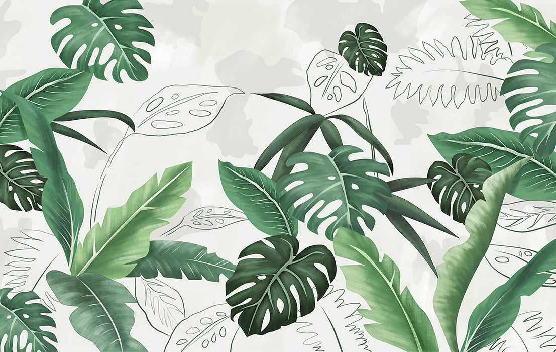 Hand drawn tropical leaf wallpaper mural | Preferred bedroom forest atmosphere