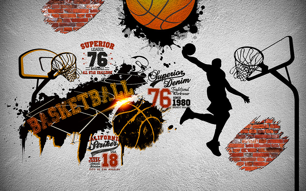 Basketball Wallpaper Mural - Sporty Industrial Decor for Living Room & Bedroom | Black Orange Theme