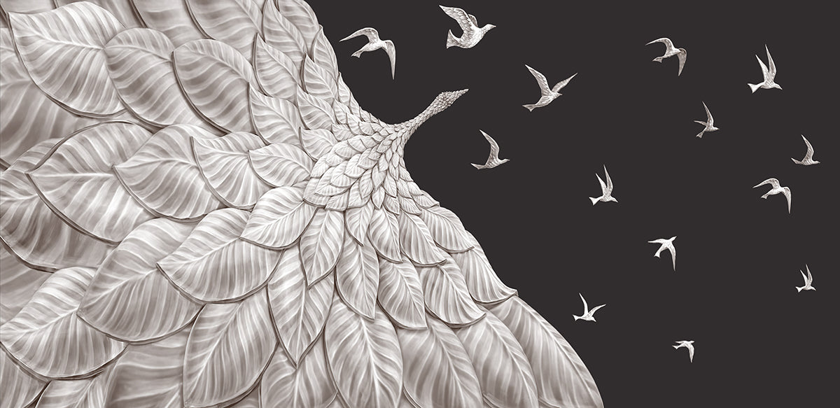 Relief feather bird wallpaper | black and white wing decoration mural