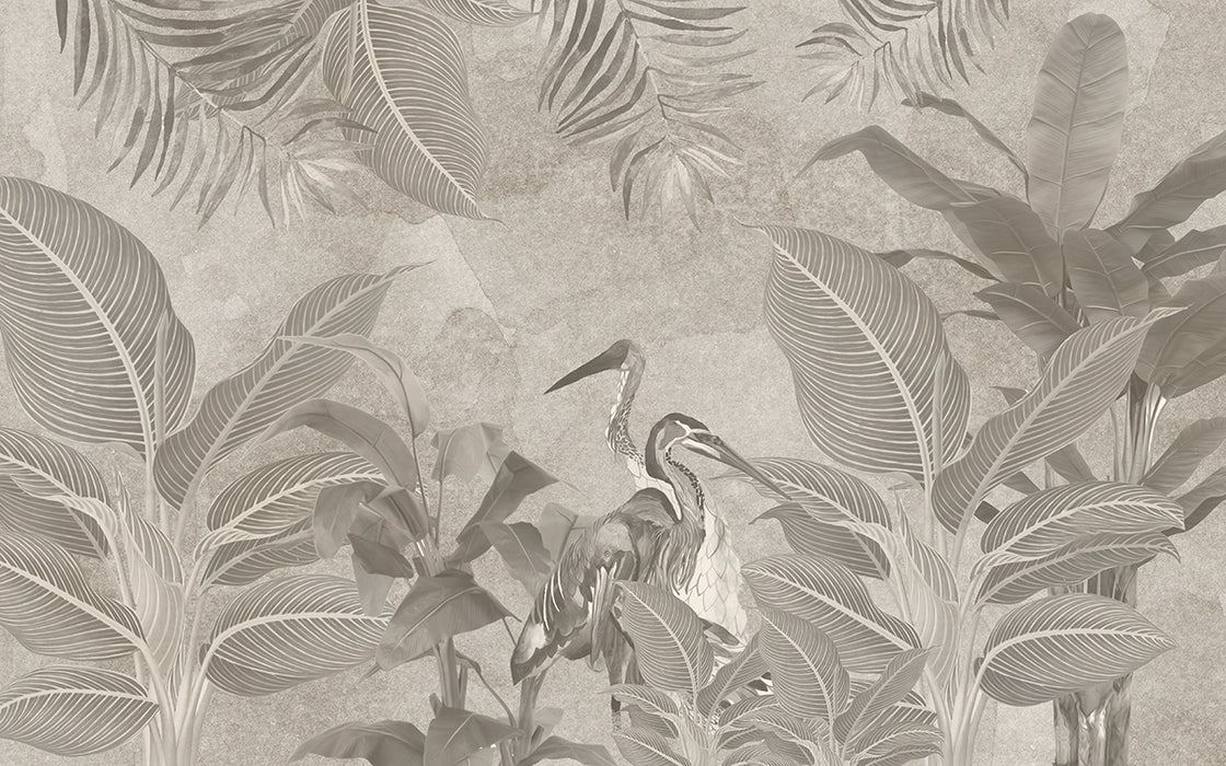 Retro plant flower and bird wallpaper mural | Wabi sabi style decorative wall in bedroom