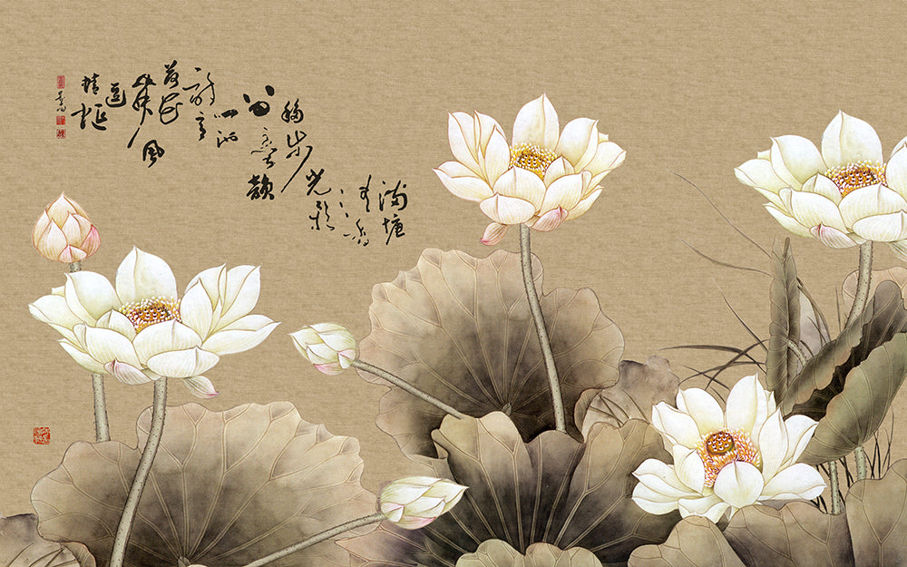 Chinese Gongbi Lotus Wallpaper Mural | Zen Decorative Wall in the Living Room Entrance