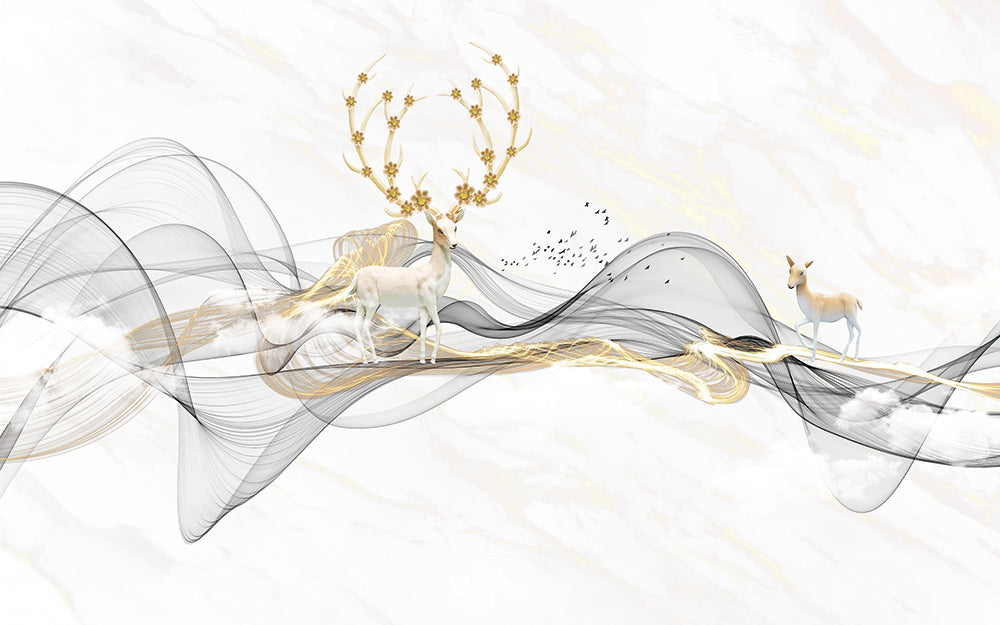 Golden Deer Line Wallpaper Mural |Living Room Bedroom Light Luxury Decoration