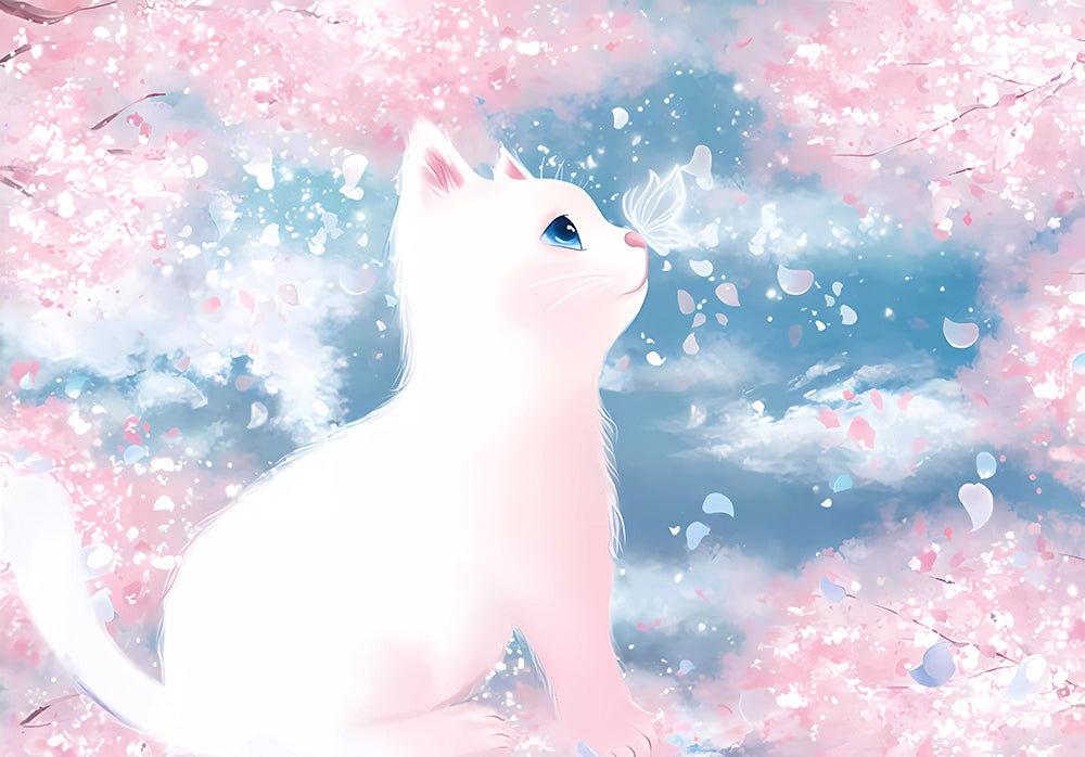Cherry Blossom White Cat Wallpaper Mural | Bedroom, Girl Decoration Painting