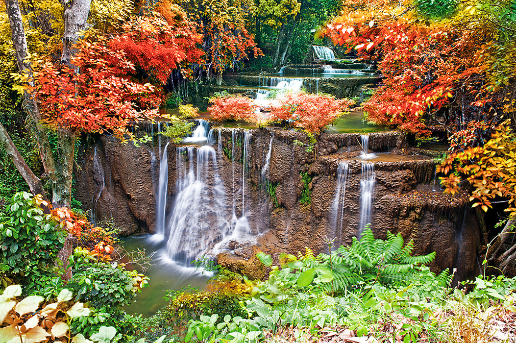 Landscape autumn scenery waterfall wallpaper mural | Red maple