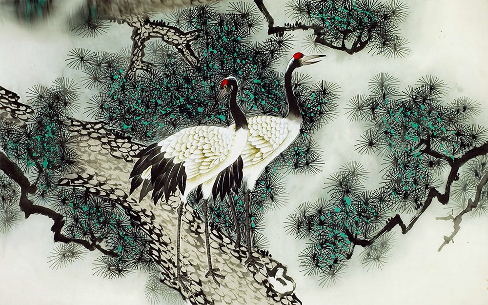 Ink and wash pine crane wallpaper mural | Crane and pine tree decoration