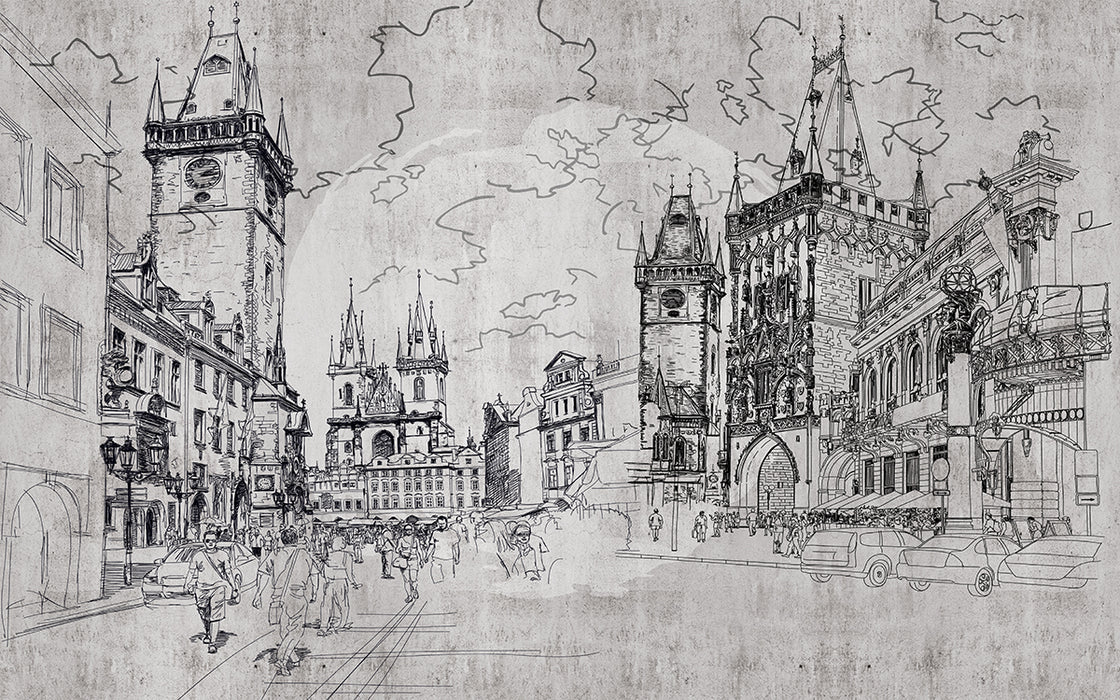 Hand drawn urban street view wallpaper mural | Architectural themed decoration