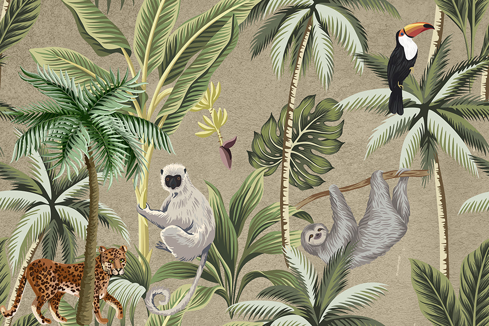 Tropical Jungle Animal Wallpaper Mural | Children's Room Fun Decoration