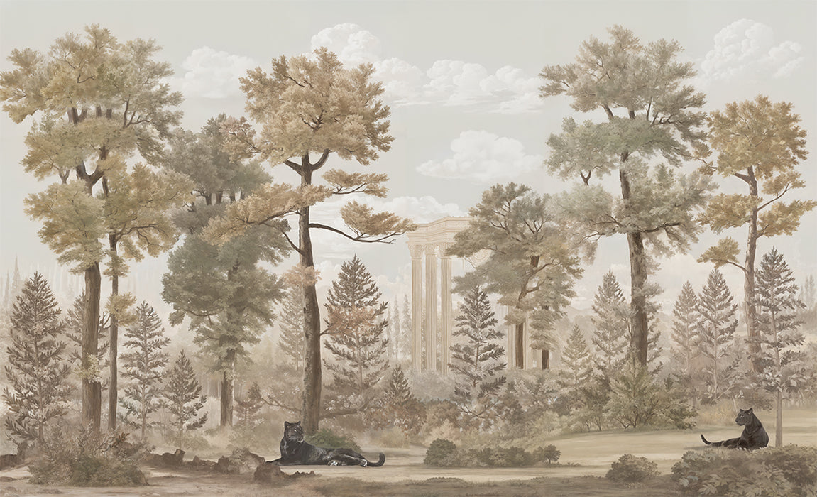 Vintage Forest Wallpaper Mural: Retro Forest & Classical Architecture, Timeless Elegance for Your Space