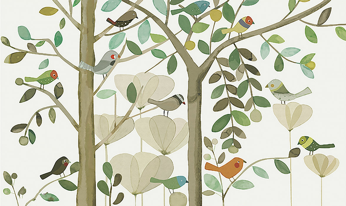 Forest style flower and bird wallpaper | Children's room fresh decorative wall