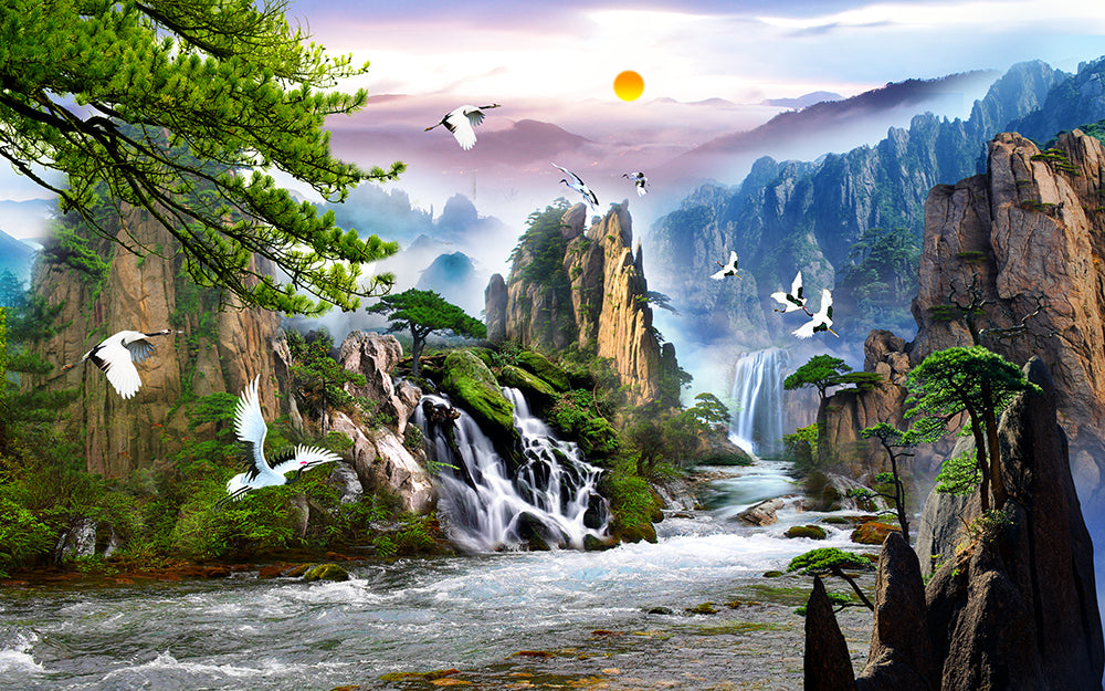 Landscape Xianhe Waterfall Wallpaper Mural | Ink wash Landscape Style Decoration