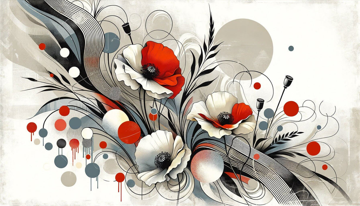 Abstract Flower Explosion Mural: High-Contrast Red & Gray for Industrial Chic Interiors