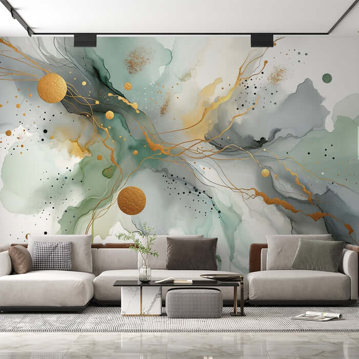 Abstract Gold Foil Wallpaper Mural | Luxury Ink Wash Art - luxurious wall mural with gold foil accents and watercolor ink wash design