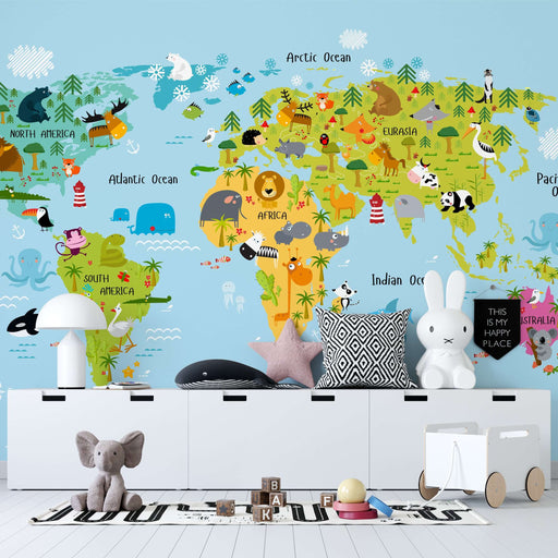Animal World Map Wallpaper | Children's Room Study Knowledge Decoration Mural - Global animals, world landmarks, and oceans theme for kids' room
