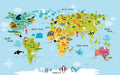 Animal World Map Wallpaper | Children's Room Study Knowledge Decoration Mural: World map with playful animals and landmarks for learning