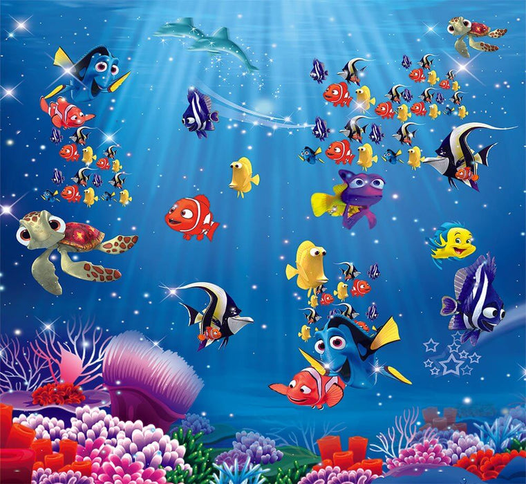 Animated Ocean Wallpaper Mural | 3D Nemo, Dory & Coral Reef – Interactive Underwater Kids Room Decor with vibrant animated marine life, Nemo & Dory characters