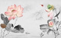 Artistic Ink Lotus & Dragonfly Wallpaper Mural | Tranquil Asian Elegance