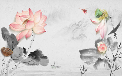 Artistic Ink Lotus & Dragonfly Wallpaper Mural | Tranquil Asian Elegance