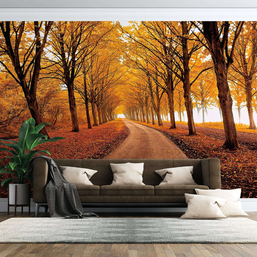 Autumn Boulevard Wallpaper | Forest Tunnel Art Wall - Immersive autumn tree lined avenue with golden leaves and natural tunnel effect, hyper realistic forest backdrop