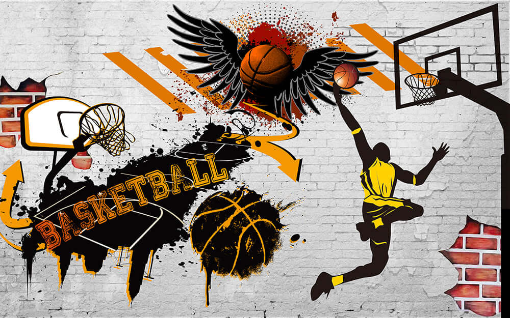 Basketball Passion Dream Wallpaper - Modern Sports Interior Design: dynamic graffiti basketball art on brick wall with orange black accents for modern sports interior