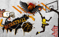 Basketball Passion Dream Wallpaper - Modern Sports Interior Design: dynamic graffiti basketball art on brick wall with orange black accents for modern sports interior