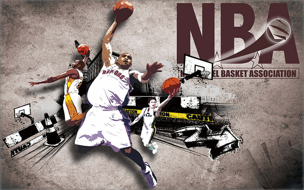 Basketball themed wallpaper mural | Star player bedroom wallpaper featuring NBA players dunking, court elements, and energetic sports passion