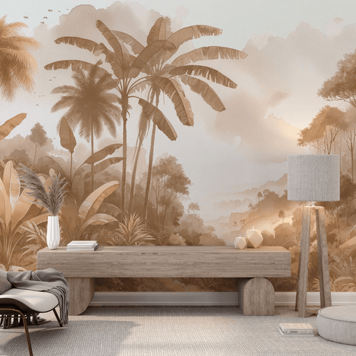 Beige Jungle Watercolor Wallpaper – Serene Tropical Botanical Art
