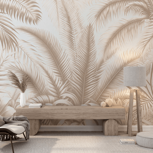 Beige Palm Leaf Wallpaper Mural | Tropical Botanical Jungle Theme | Minimalist Nature Decor