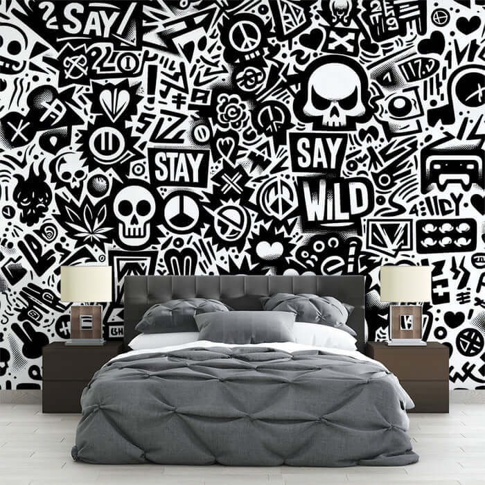 Black & White Graffiti Wallpaper Mural | Urban Street Art Wall for Studio | Trendy Playroom Decor – bold, edgy bedroom with graffiti pattern