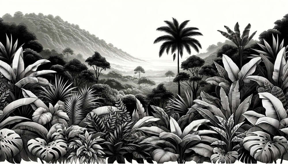 Black & White Tropical Botanical Wallpaper Mural - Vintage Palm Leaf Jungle Scene for Modern Interiors