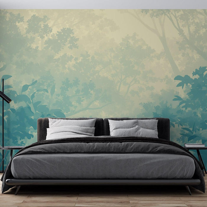 Blue-Green Misty Forest Wallpaper Mural | Tranquil Lush Plants | Nature-Inspired Décor transforms bedroom with serene, dew-kissed woodland tones and layered minimalist foliage