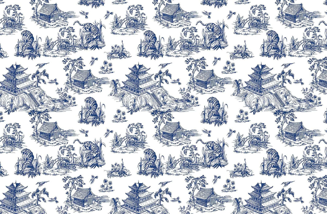 Blue & White Porcelain Tiger Wallpaper Mural | Chinese Architecture, Floral & Botanical Motifs | Elegant Asian-Inspired Décor