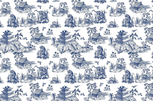 Blue & White Porcelain Tiger Wallpaper Mural | Chinese Architecture, Floral & Botanical Motifs | Elegant Asian-Inspired Décor