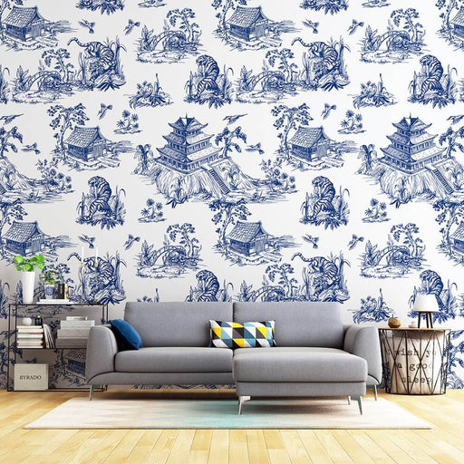 Blue & White Porcelain Tiger Wallpaper Mural | Chinese Architecture, Floral & Botanical Motifs | Elegant Asian-Inspired Décor