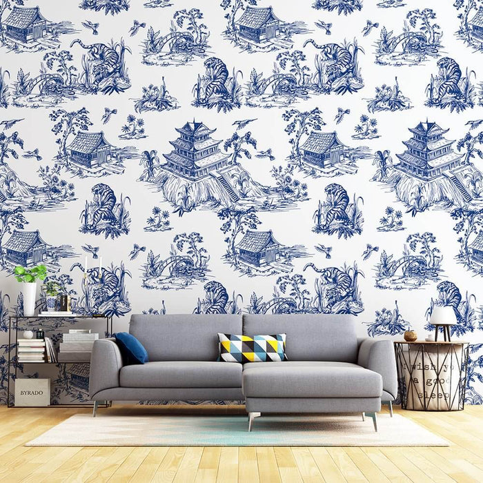 Blue & White Porcelain Tiger Wallpaper Mural | Chinese Architecture, Floral & Botanical Motifs | Elegant Asian-Inspired Décor