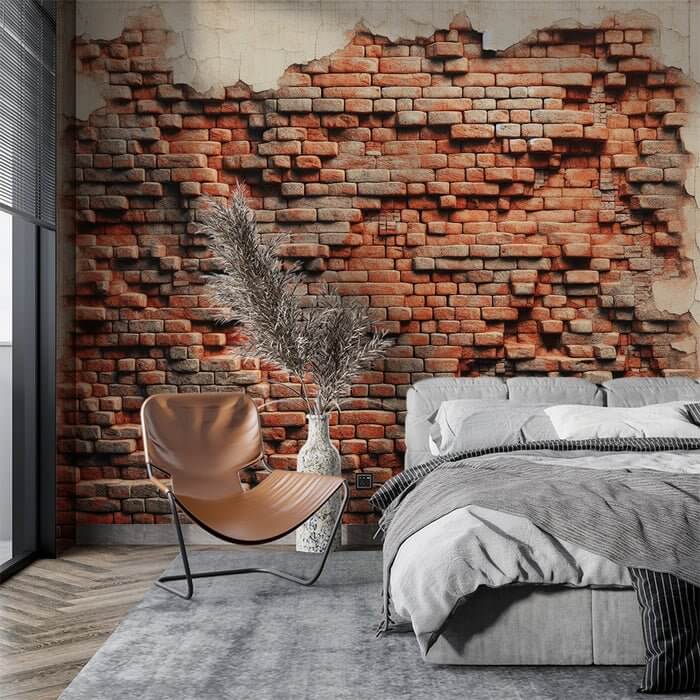 Brick wall wallpaper mural | Damaged wall art - vintage brick wall effect with weathered, peeling marks for industrial style bedroom or living room decor
