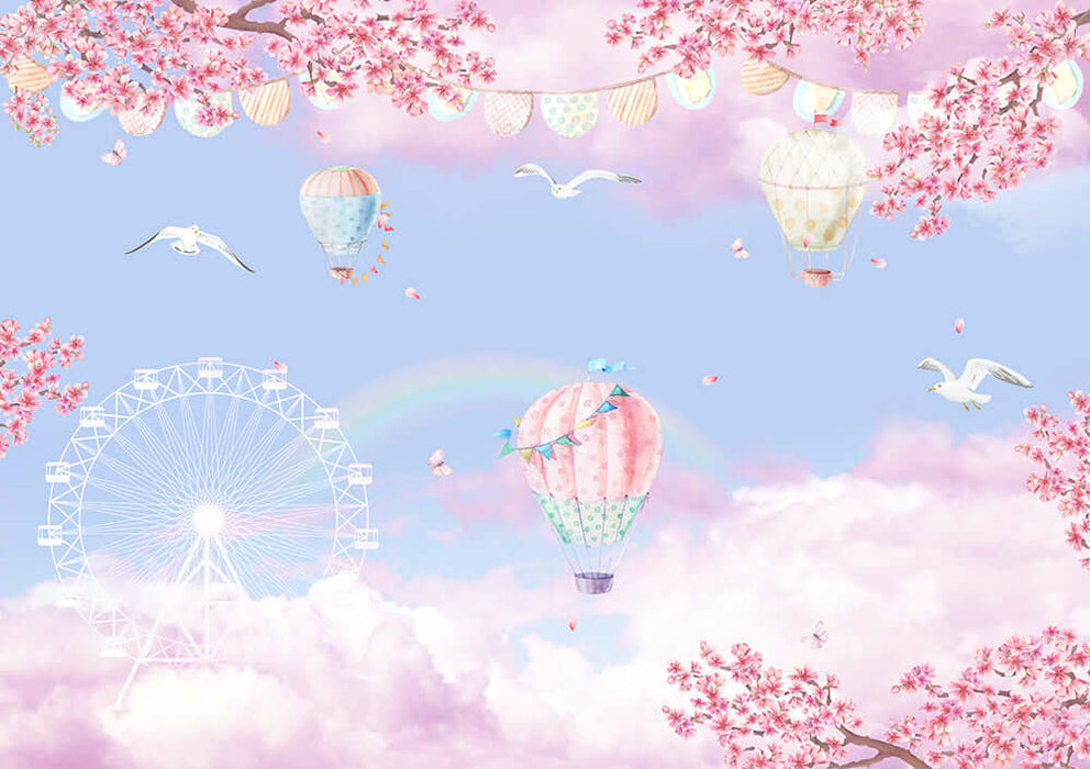 Cherry Blossom Hot Air Balloon Wallpaper | Sweet Decoration Painting in Children's Room Bedroom