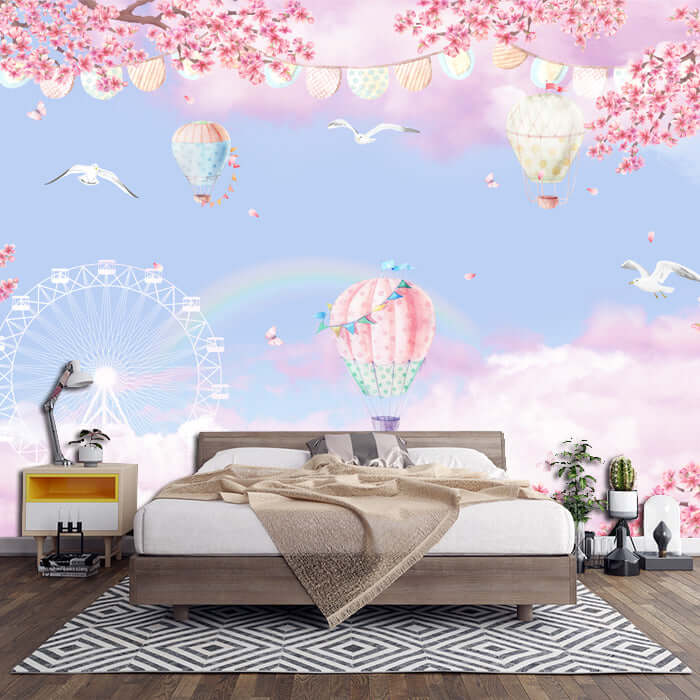 Cherry Blossom Hot Air Balloon Wallpaper | Sweet Decoration Painting in Children's Room Bedroom for dreamy spring fairy tale themed decor