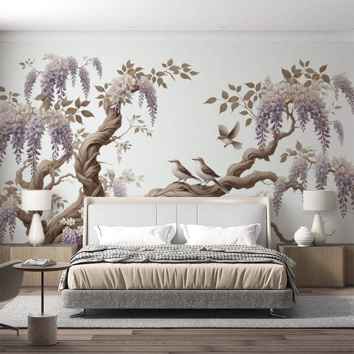 Chinese Freehand Wisteria & Bird Wallpaper Mural – Serene Purple/White Blossoms