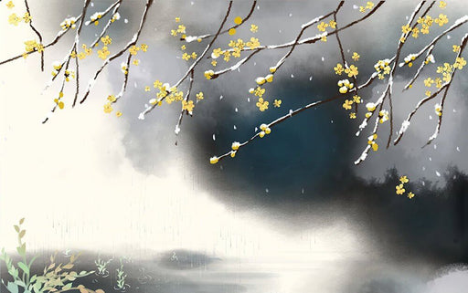 Chinese Ink Wash Flower & Bird Wallpaper Mural – Elegant Botanical Art for Living Room & Bedroom Decor